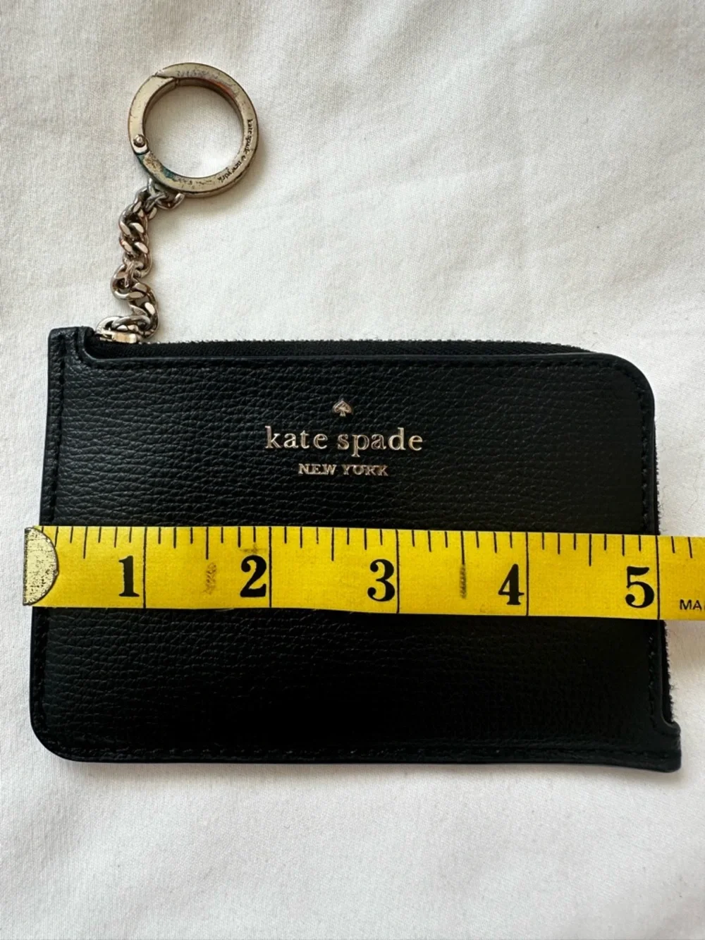 KATE SPADE Black Leather Zip Card Holder Coin Purse Keychain Key Ring Wallet
